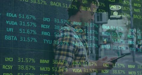 Businessman Analyzing Stocks on Tablet with Virtual Tick Data Overlay