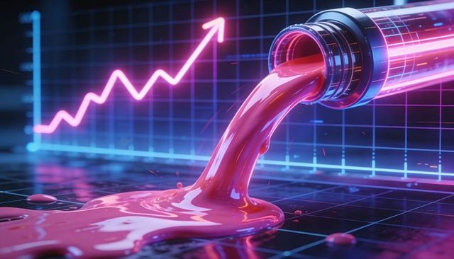 Pouring neon pink liquid from futuristic tube with rising neon market graph
