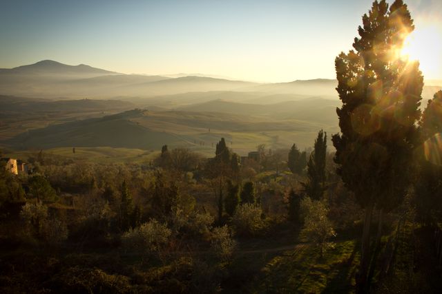 Golden sunlight shines over misty hills and trees in Tuscany. Perfect for travel, nature, and tourism promos. Can be used for posters, blogs, and articles highlighting beautiful landscapes, Autumn beauty, and tranquil holiday destinations.