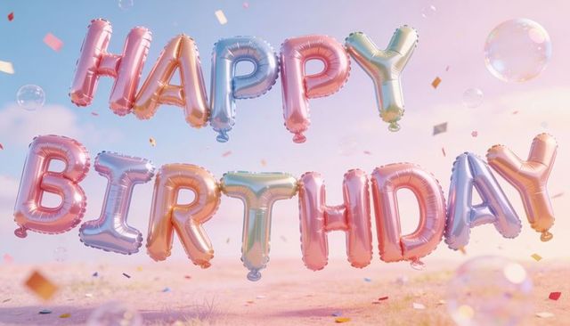 Pastel metallic floating happy birthday balloons over meadow at sunset with confetti