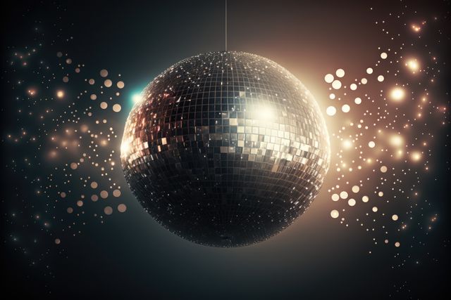 Disco ball with light spots over grey background created using generative ai technology. Party, celebration and colors concept.