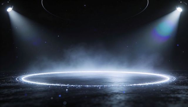 Glowing circular platform emitting bluish-white light with fog and spotlights