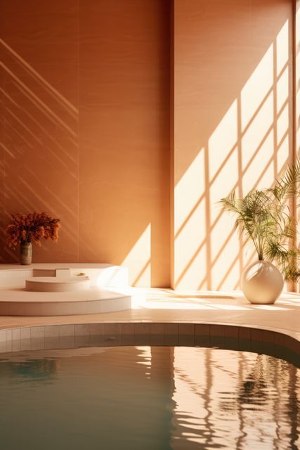 Sunlit relaxation pool room at modern health spa, created using generative ai technology. Health spa, wellbeing, architectural design and luxury concept digitally generated image.