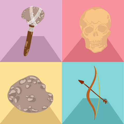 Transparent prehistoric tools and relics on pastel triangle pedestals