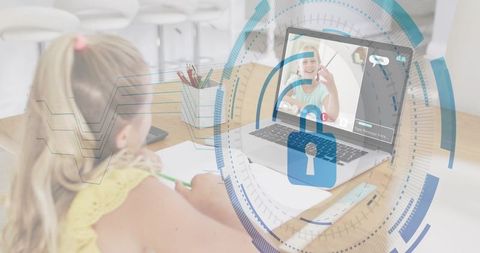 Girl writing while learning remotely with secure video chat overlay and digital privacy HUD