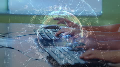 Students Typing with Digital World and Icons Overlay