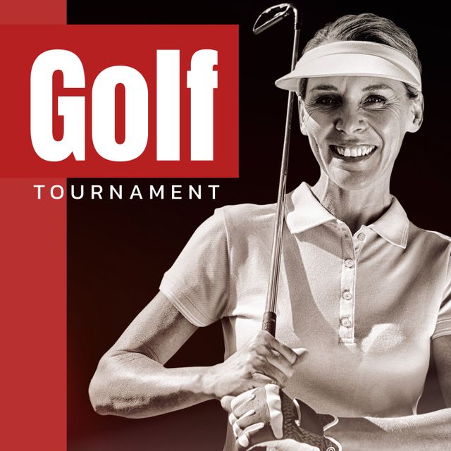 Mature woman smiling and holding a golf club, radiating confidence. Perfect for promoting golf tournaments, sporting events, or highlighting female participation in recreational sports. Can be used for social media, brochures, or promotional materials in related fields.