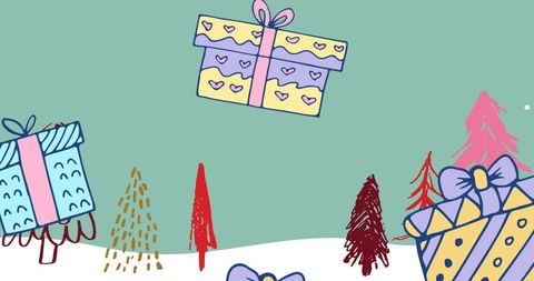 Whimsical christmas presents and fir trees illustration