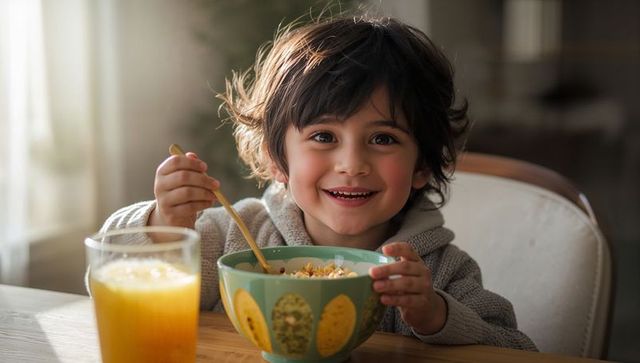 Smiling child holding green ceramic bowl with cereal and glass of orange juice at sunlit kitchen tab