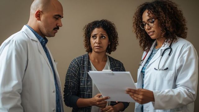 Healthcare professionals consulting concerned patient in clinic