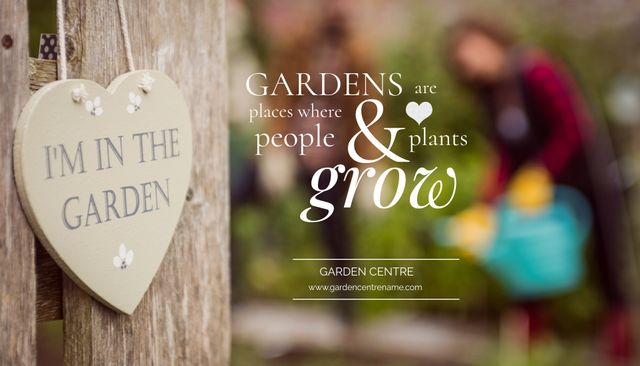 This image showcases a comforting sign that reads 'GARDENS are places where people & plants grow' in an outdoor garden setting. The sign is focused close-up, blurring the background where a person tends to plants. The photo is perfect for use in digital and print advertisements for garden centers or related services, emphasizing the nurturing connection between people and plants.