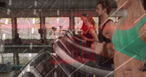 Group of Runners Exercising on Treadmills with Digital Consoles at Gym