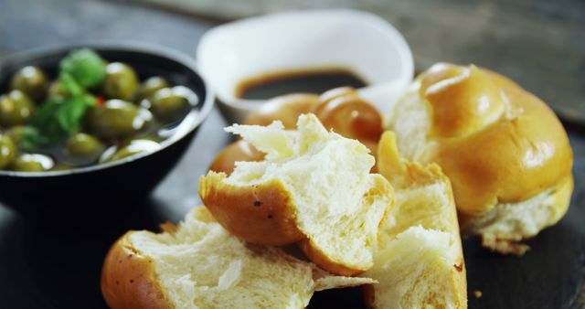 Freshly Baked Bread and Olives with Balsamic Vinegar - Download Free Stock Images Pikwizard.com