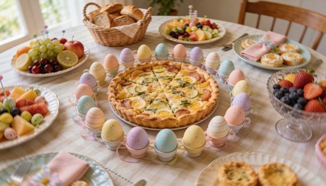 Easter brunch table featuring savory zucchini quiche surrounded by pastel decorated eggs