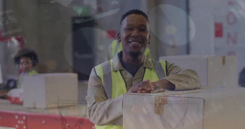 Smiling Warehouse Worker Amidst Digital Financial Data
