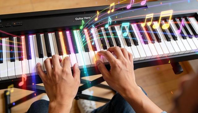 Hands playing digital piano with colorful music notes overlay and cozy home practice vibe