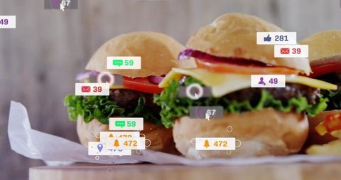 Mini gourmet sliders attracting social media notifications with colorful digital overlays
