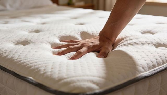 Hand pressing quilted mattress top showing tufted surface, plush support and airflow cover