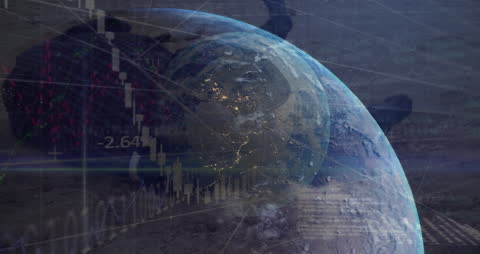 Digital Globe Overlays Elevated Office Environment with Financial Graphs