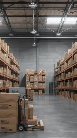Vertical Warehouse Logistics Video Showing Parked Pallet Jack Beside Stacked Cardboard Pallets