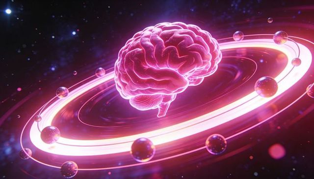 Neon brain orbiting cosmic rings and spheres, futuristic neural network concept