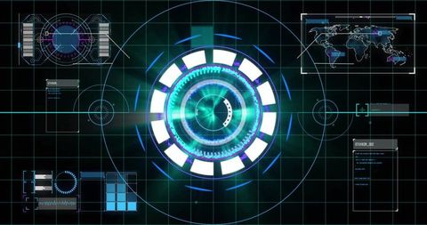 Rotating Holographic HUD Display on Futuristic Control Console with Neon Cyan Interface