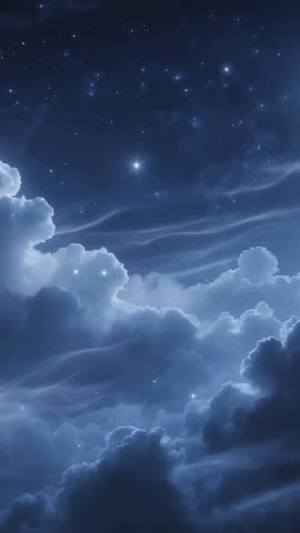 Night Darkness Settling Over High Clouds Drifting Beneath Starfield and Nebula Glow