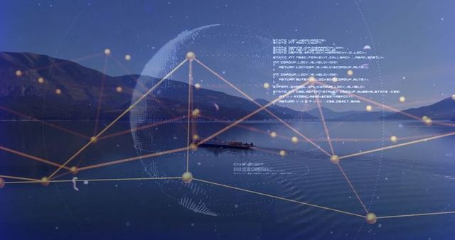 Rowing team gliding on mountain lake with digital network overlay