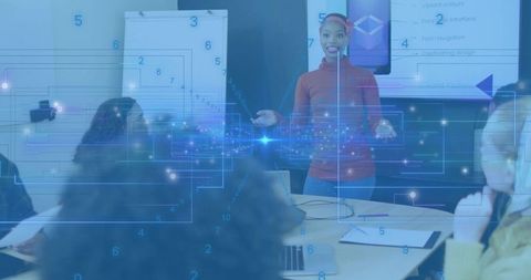 Presenter presenting tech workshop with digital data overlay, team collaborating at table