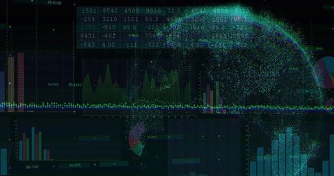 Neon particle globe hovering over dark dashboard displaying financial charts and futuristic analytic