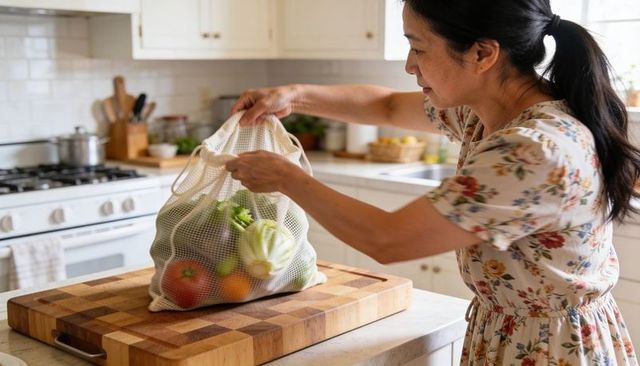 Woman placing reusable mesh bag of fresh produce on wooden cutting board in kitchen