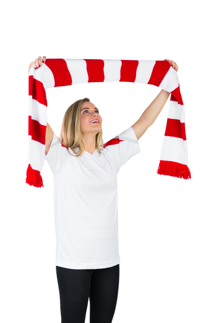 Cheering Football Fan Holding Red and White Striped Scarf on Transparent Background - Download Free Stock Videos Pikwizard.com