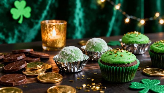 St patrick's day cupcakes and chocolate gold coins on festive wooden table