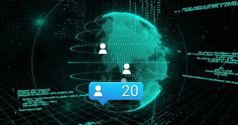 Rotating wireframe globe displaying user avatars with 20 notification badge in neon cyberspace