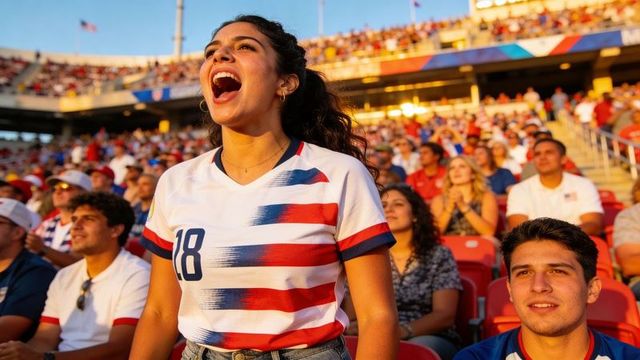 Female soccer fan cheering in jersey 18 during golden hour at packed stadium with flags