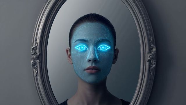 Futuristic woman facing mirror with neon blue facial mesh and glowing cybernetic eyes