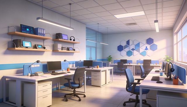 Sunlit modern open-plan office with blue workstations, ergonomic chairs and hexagonal decor