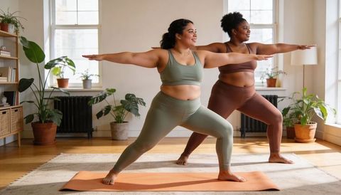 Plus-Size Women Practicing Warrior II Yoga in Sunlit Living Room with Plants on Orange Mat
