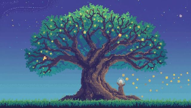Retro pixel art mystic monk holding glowing orb under ancient oak tree at starry night