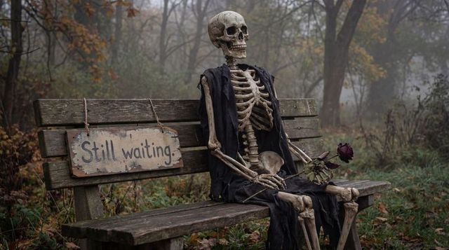 Skeleton on bench holding wilted rose with 'still waiting' sign in misty autumn forest