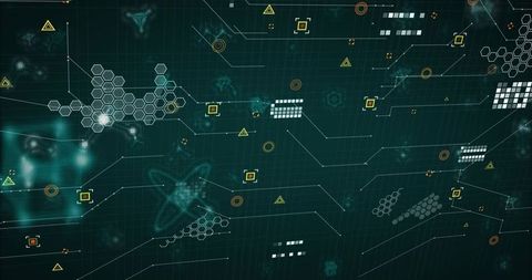 Displaying Futuristic HUD Network Interface with Hex Clusters and Connector Traces