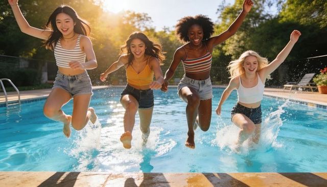 Sunlit friends jumping into backyard pool splashing summer joy and energetic laughter