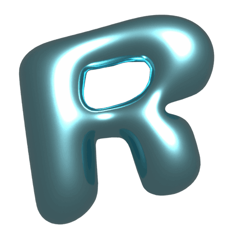 Transparent glossy liquid-metal 3d letter r with teal chrome reflections
