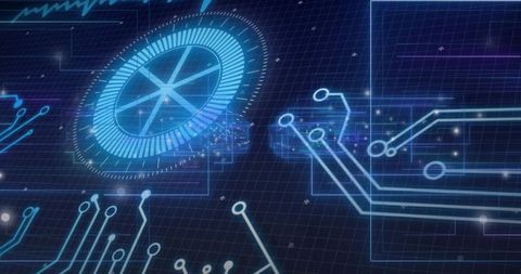 Rotating holographic HUD pulsing over neon circuit interface with grid and glow