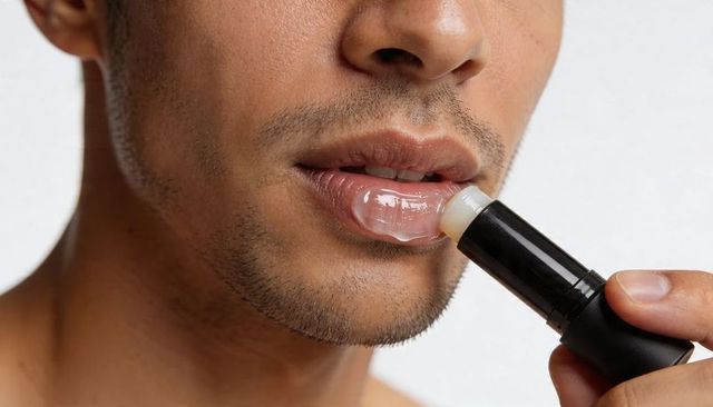 Man applying clear lip balm to stubbled lower lip grooming gloss skincare closeup masculine