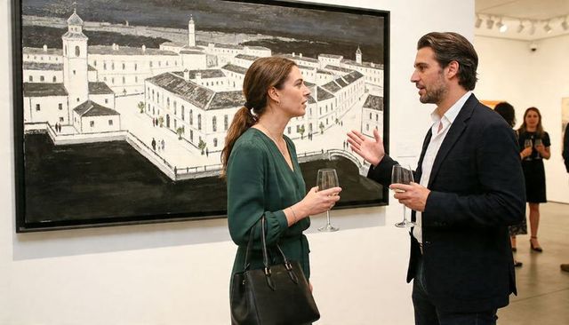 Two people discussing art while holding wine glasses beside monochrome harbor painting