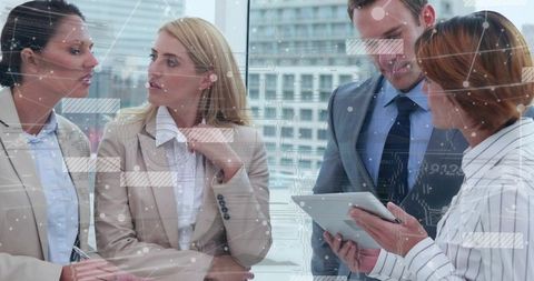 Business team collaborating with tablet and digital data overlays in modern office