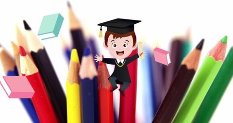 Joyful Graduate Cartoon Over Colorful Pencils - Download Free Stock Images Pikwizard.com