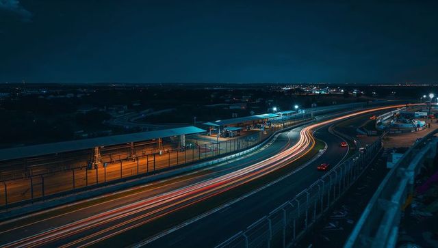 Nighttime motor racing circuit with striking light trails