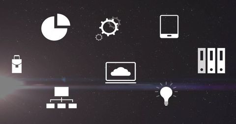 Futuristic cloud computing dashboard featuring glowing laptop and office icons on starfield